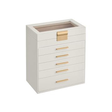Songmics Škatla za nakit 6 nivojev Steklen pokrov 5 predalov 16.3x25.1x29 cm Bela