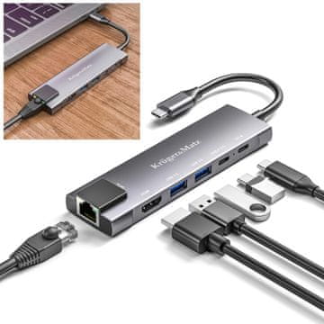 Krüger&Matz Adapter (hub) USB tip C na HDMI/2x USB 3.0/2x USB tip C/RJ45