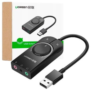 Ugreen zunanja zvočna kartica, glasbeni adapter, USB - 3,5 mm mini priključek z regulacijo glasnosti, 15 cm, črne barve (40964)