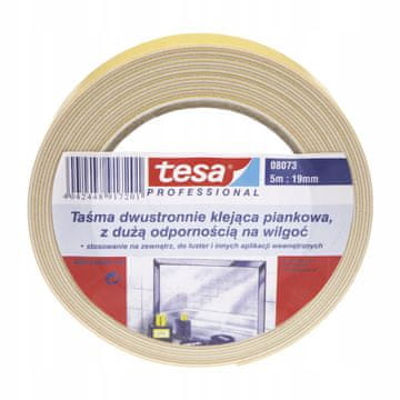 Tesa dvostranski penasti montažni trak za ogledala in steklo, bel, 5 m x 19 mm