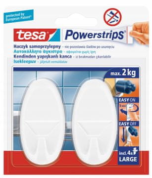 Tesa Kavlji, obešalniki, plastični, samolepilni, ovalni, do 2 kg, beli, 2 kosa.
