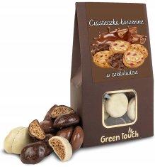 Piškoti z začimbami, preliti s čokolado 100 g piškotov, prelitih s čokolado, v škatli
