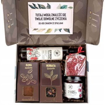 Darilni set s čajem, kavo, čokoladnim sirupom in malinami v škatli za sirup