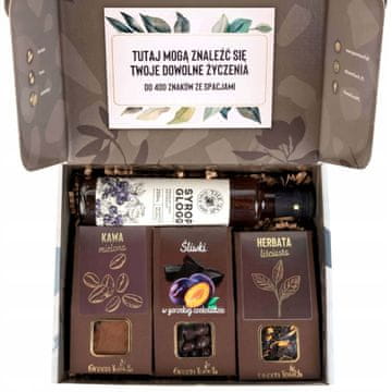 Darilni set s čajem, kavo, slivami v čokoladi in sirupom