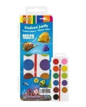 Vodne barve s čopičem Ocean World 12 barv/21 mm v plastični škatlici