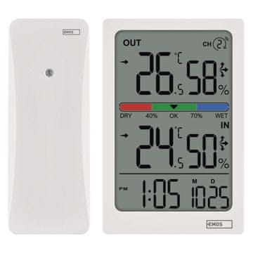 Emos E0558W digitalni termometer s hidrometrom, brezžični senzor, budilka, datum