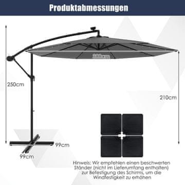Northix Konzolni senčnik na sončno energijo, 300 cm, 40 LED lučk, siv
