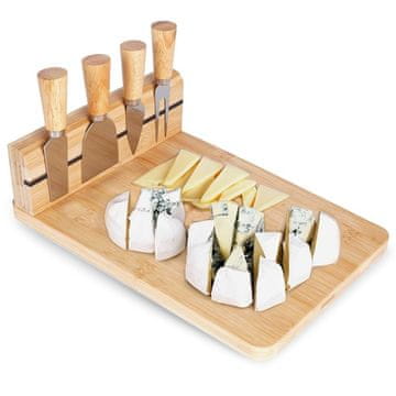 Excellent Houseware Bambusova deska za rezanje s kompletom nožev in magnetnim trakom za sire