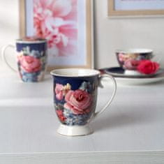 Altom Elegantna temno modra porcelanasta skodelica z vrtnicami na podstavku, 320 ml, 1 kos, Rose