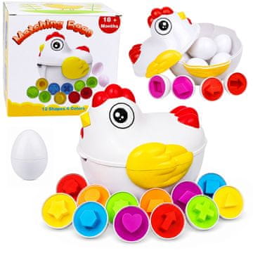 kura Edukacijska kokoš LEAN TOYS z 12 jajčki, sortiranje oblik in barv