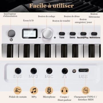 Costway Zložljiva elektronska klaviatura z 88 osvetljenimi tipkami, bela