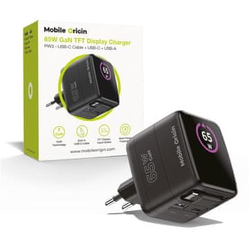 Mobile-origin PW3 polnilec z zaslonom, 65 W, črni (MO-65WDCH-PW3)
