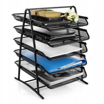 Elegantni organizator za pisalno mizo s 5 kovinskimi predali, črne barve, mrežast