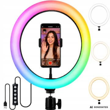 Verkgroup RGB LED obročna luč z USB nosilcem za telefon za snemanje