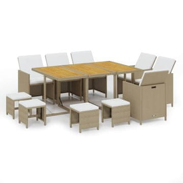 Vidaxl Vrtna jedilna garnitura 11-delna z blazinami poli ratan bež