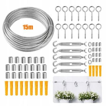 shumee Močan 15 m pocinkan kabel iz nerjavečega jekla + montažni komplet 56W1 in dodatki