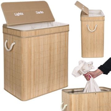 Gockowiak BAMBUSOVA KOŠARA ZA PERILO S POKROVOM, DVOKOMORNA, VELIKA POSODA 100 L