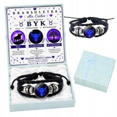 shumee Črna nastavljiva zapestnica Bik z zodiakalno karto v škatli