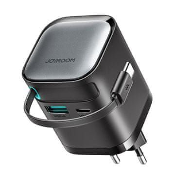 Joyroom GaN 65 W omrežni polnilnik z vtičnico USB-A in USB-C ter vgrajenim kablom USB-C – črn