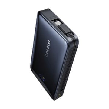 BASEUS Magnetna powerbanka 10.000 mAh s stojalom, vgrajenim kablom USB-C, Qi2 in MagSafe 30 W – črna