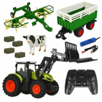[paket] Daljinsko voden traktor s prikolico, grabljami in dodatki Z1009