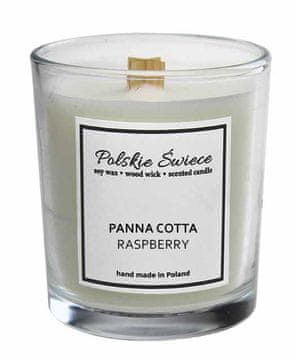 sojina sveča z lesenim stenjem + malinova panna cotta