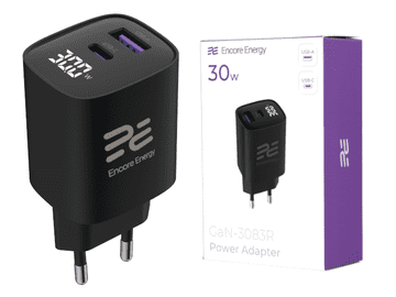 Nov stenski polnilnik GaN QC 4 PD 3.0 USB-A USB-C 30W GaN-3083R z zaslonom