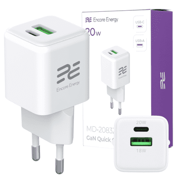 Nov stenski polnilnik MD-2083ZC GaN 20W USB-A USB-C QC PD