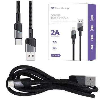 Nov USB-A USB-C 2A QC PD polnilni in podatkovni kabel 100 cm pleten črne barve EE101-C