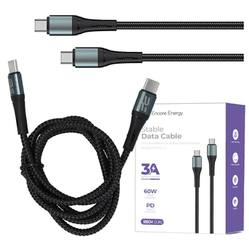Nov USB-C x2 3A kabel QC PD 60W polnilni in podatkovni kabel 100 cm pleten črne barve EE103-CC