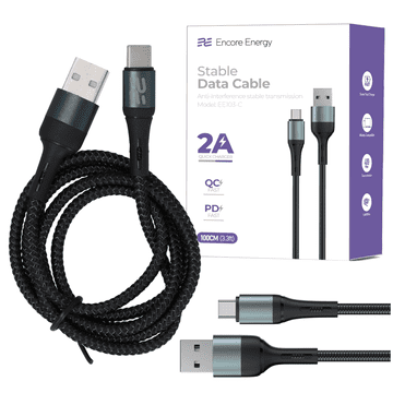 Nov USB-A USB-C 2A QC PD polnilni in podatkovni kabel 100 cm pleten črne barve EE103-C
