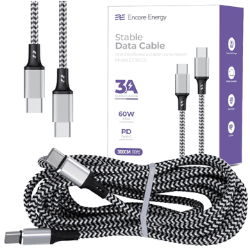 Nov USB-C x2 3A kabel QC PD 60W polnilni in podatkovni kabel 300 cm pleten črno-bel EE118-CC
