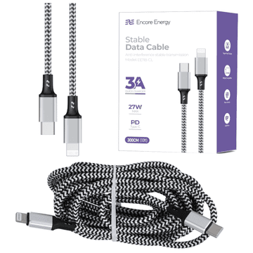 Nov USB-C Lightning 3A kabel QC PD 27W polnilni in podatkovni kabel 300 cm pleten črno-bel EE118-CL