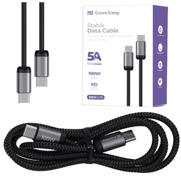 Nov USB-C x2 5A kabel QC PD 100W polnilni in podatkovni kabel 100 cm pleten črne barve EE121-CC-1M