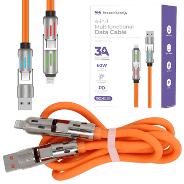 Nov 4-v-1 kabel s svetlečimi vtiči USB-C USB-A Lightning 3A QC PD 60W kabel za polnjenje in prenos podatkov 100 cm oranžen EE144