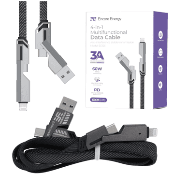 Nov 4-v-1 USB-C USB-A Lightning 3A ploščat pleten kabel QC PD 60W za polnjenje in prenos podatkov 100 cm EE155