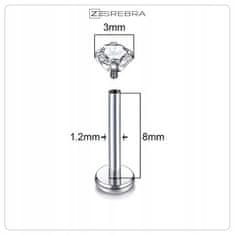 Uhani z labretom, jeklo 316L, srebro, 1,2 mm x 8 mm, kroglica, piercing 3 mm