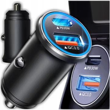 Avtomobilski polnilnik s hitrim polnjenjem 30 W + QC 3.0 DVA USB-C vhoda USB-A