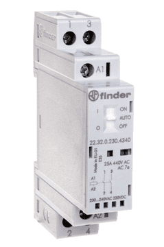 BikeFinder Modularni kontaktor 2NO 25A 230V AC/DC Funkcija samodejnega vklopa/izklopa, indikator delovanja + LED 17,5 mm 22.32.0.230.4340
