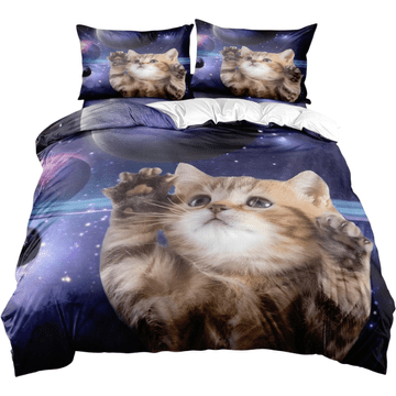 Otroška posteljnina 3-delni komplet Purple Star Cat, 220x240 cm, 2x 65x65 cm vzglavnika, mikrovlakna, zadrga, dvostranski 3D tisk, mehka, zračna, odporna na gubanje, za enojno posteljo