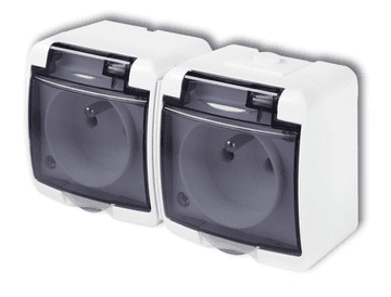 JUNIOR Dvojna vtičnica z/brez (dimna loputa) bela IP54 GHE-2d