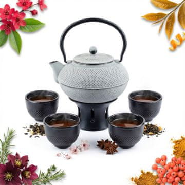 LITOGELEZNI GRELNIK ZA VODO, ČAJNIK 1,5 L, KOMPLET 4 SKODELIC, GRELNIK IZ LITOGELEZA