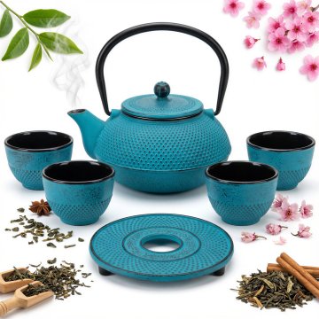 LITOGELEZNI GRELNIK 1,5 L 5-DELNI TURNIZNI INFUZOR ZA ČAJ DARILNI SET 4 SKODELIC