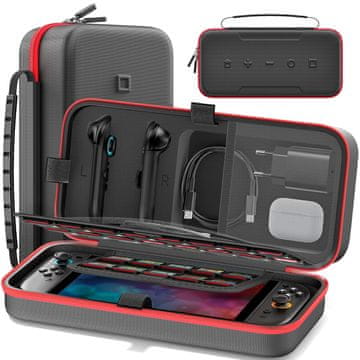 Nikcorp Potovalna torbica za Nintendo Switch in OLED, trda zaščitna torba Hard Shell, prostor za 28 iger, najlon 1680D, organizator za konzolo, napajalnik in JoyCon krmilnike, rdeča barva, odporna na udarce
