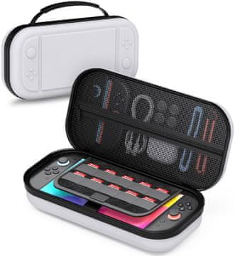 Trdi zaščitni etui za Nintendo Switch 2, potovalna torbica, bela, 26x13x6 cm, trislojna zaščita, prostor za 10 iger, mrežast žep za dodatke, silikonski ročaj, notranjost iz mikrofibre, dvojna zadrga