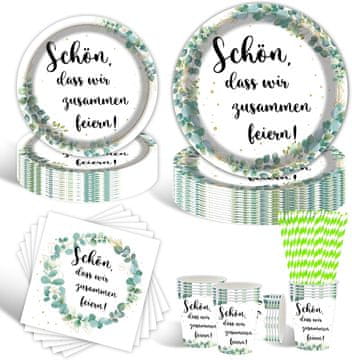 Komplet papirnate posode Eucalyptus 80 kosov za 16 oseb, rojstnodnevni set krožnikov in lončkov, trpežen papir za živila, elegantna dekoracija za zabave, piknike in praznovanja, zeleno-bela barva