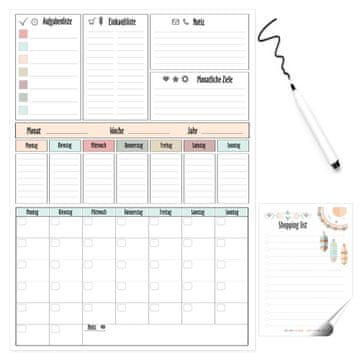 Magnetischer Planer für den Kühlschrank - Kalender & Aufgaben-Tafel + Stift und Einkaufslisten-Notizblock mit Magnet