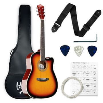 One AG TWO SB akustična kitara 4/4 sunburst za začetnike, trzalice, pas, rezervne strune, kovček, akordi, nastavitveni ključ, komplet