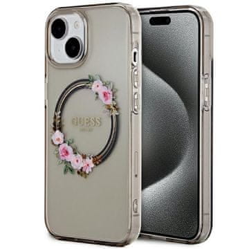 Guess Ovitek IML Flowers Wreatch MagSafe za iPhone 15 črne barve