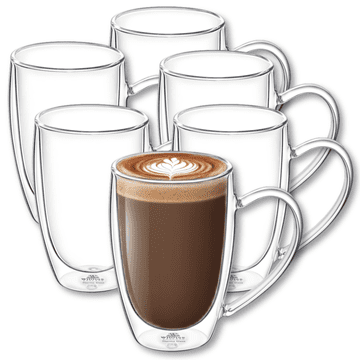 shumee Wilmax dvostenski termo kozarci z ročajem | komplet 6 kosov | 400 ml | termo skodelice | komplet kozarcev za latte macchiato | kozarci za cappuccino z ročajem | kozarci za kavo